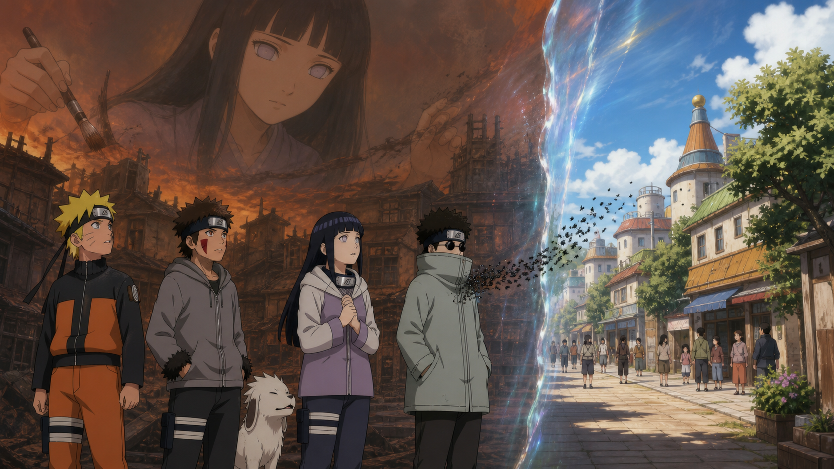 Naruto and Team 8 see a ruined Konoha while Shino’s insects cross the illusion boundary to reveal the intact village in Naruto Episode 206