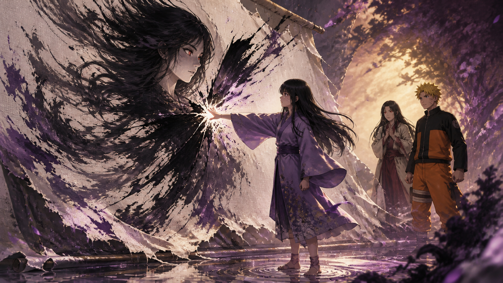 Yakumo breaks the shadowy Id Monster emerging from a torn canvas while Kurenai and Naruto support her in Naruto Episode 207