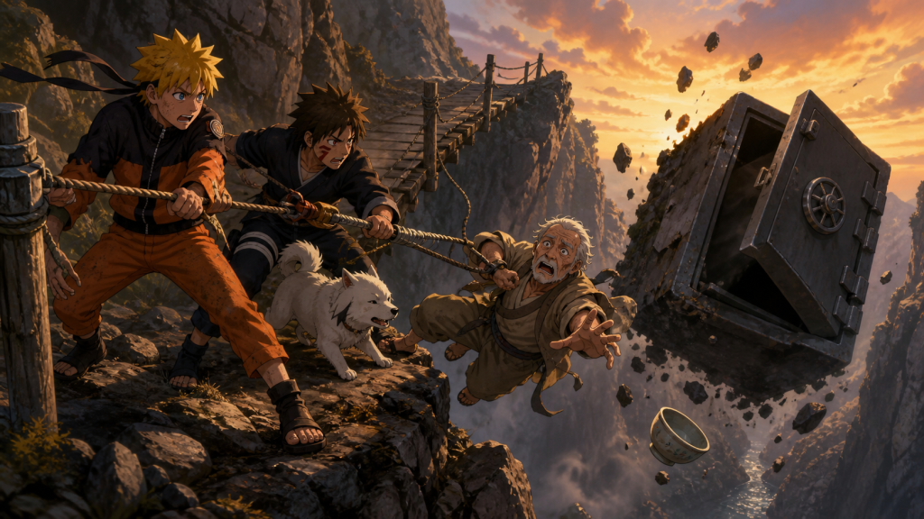 Naruto and Kiba pull Shinemon from a collapsing cliff while the giant safe and prized tea bowl fall away in Naruto Episode 208