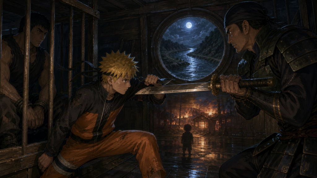 Naruto blocks Captain Todoroki’s sword before it reaches Gantetsu’s cage inside the riverboat in Naruto Episode 209