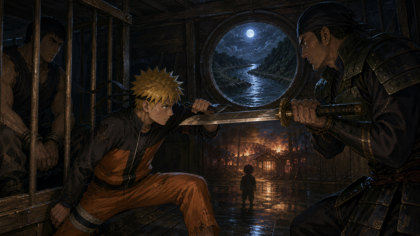 Naruto blocks Captain Todoroki’s sword before it reaches Gantetsu’s cage inside the riverboat in Naruto Episode 209