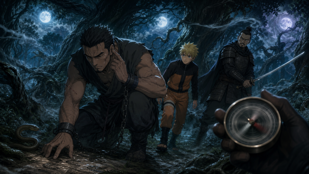 Chained prisoner Gantetsu guides Naruto through the moon-confusing Forest of Bewilderment while Todoroki follows with a drawn sword in Naruto Episode 210