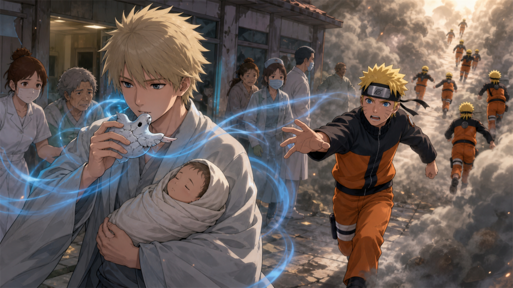 Menma carries a baby from the burning hospital while playing his cracked dove ocarina and Naruto’s clones guide the escape in Naruto Episode 213
