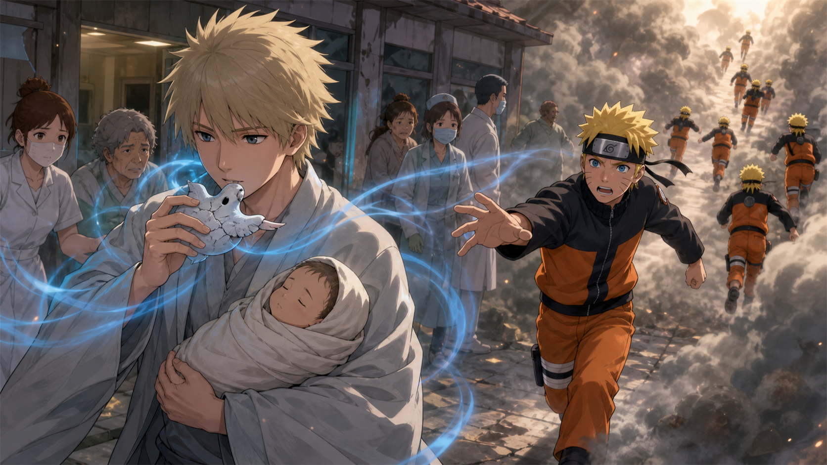 Menma carries a baby from the burning hospital while playing his cracked dove ocarina and Naruto’s clones guide the escape in Naruto Episode 213