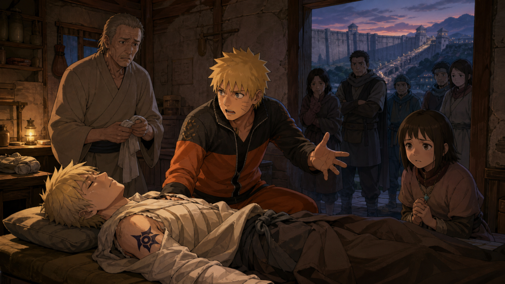 Naruto pleads for treatment beside injured Menma as a hidden shoulder mark makes the border villagers recoil in Naruto Episode 214