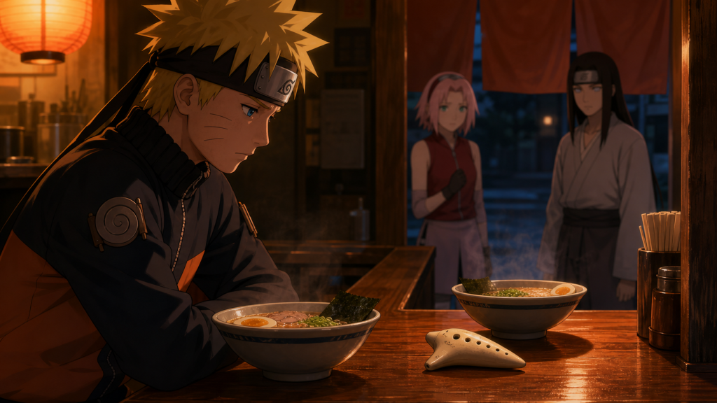 Naruto sits before two ramen bowls with Menma’s ocarina beside the empty place in Naruto Episode 215