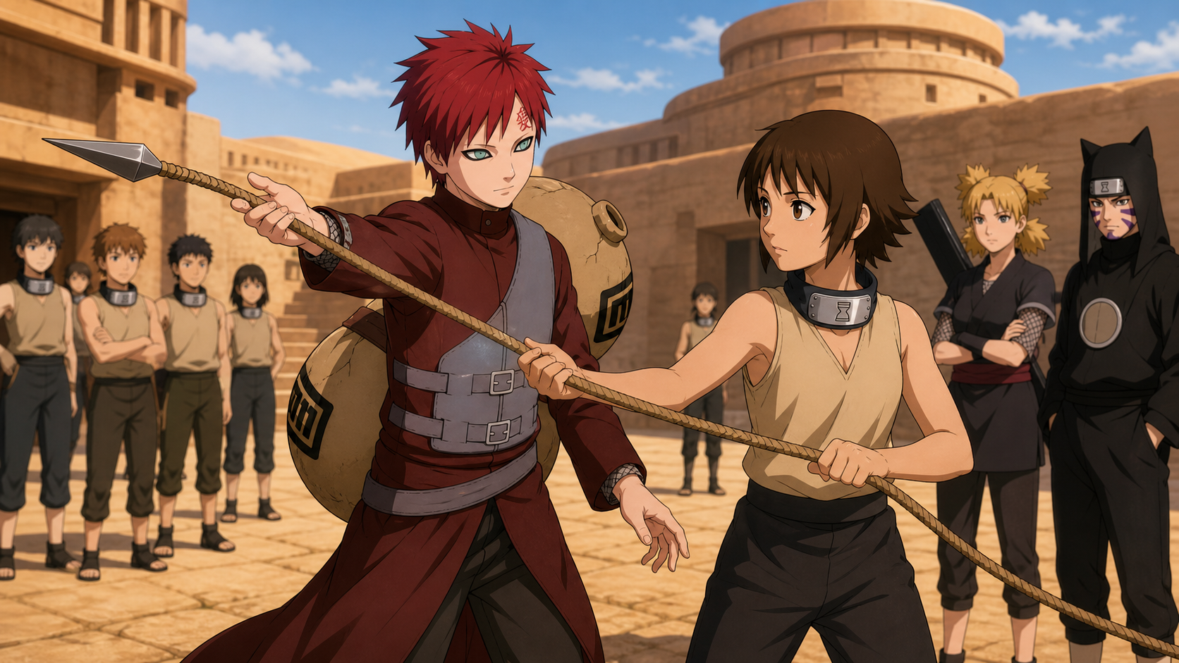 Gaara teaches Matsuri to control a defensive rope javelin in the Sand Village in Naruto Episode 216