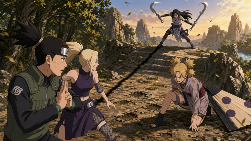 Shikamaru uses Shadow Possession to stop Kujaku above exhausted Temari as Ino arrives in Naruto Episode 217