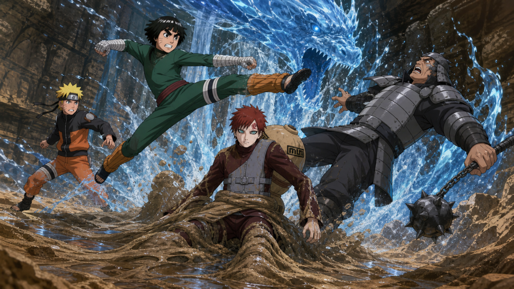 Rock Lee kicks armored Suiko away while waterlogged sand traps Gaara and Naruto arrives in Naruto Episode 218