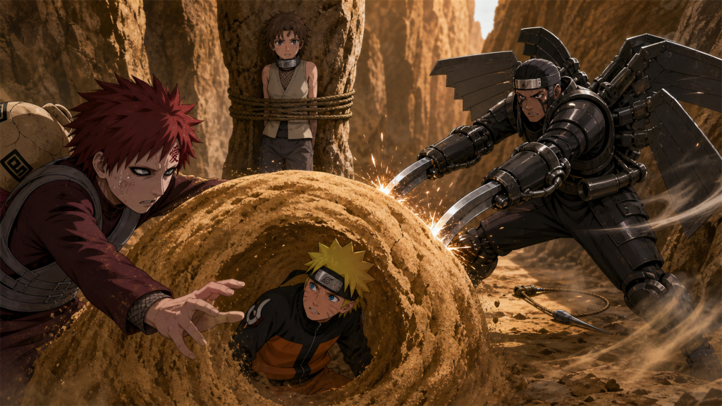 Exhausted Gaara raises a mineral sand dome around Naruto against Hoki’s combined armor in Naruto Episode 219