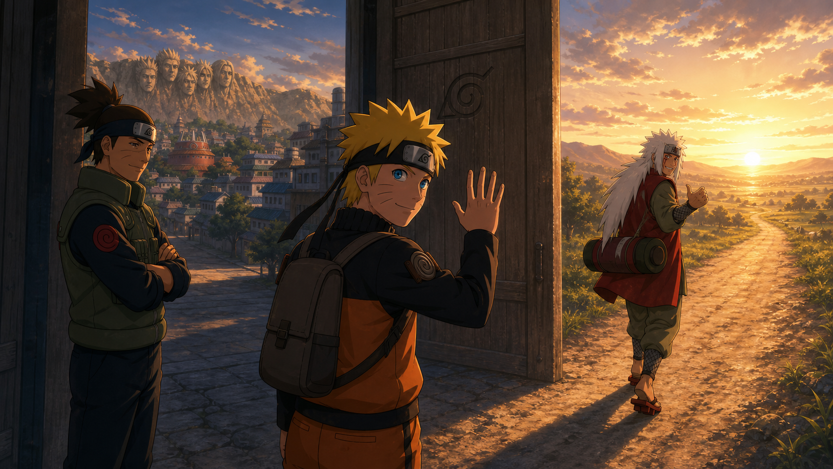 Naruto waves goodbye to Iruka at Konoha’s gate as Jiraiya leads him onto the training road in Naruto Episode 220