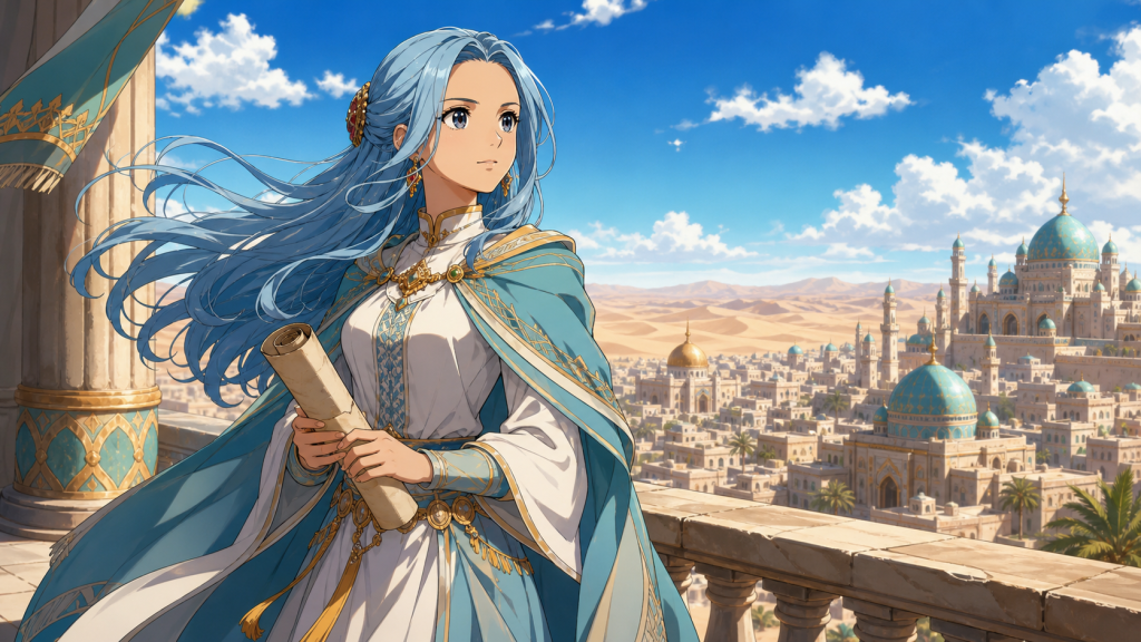 Nefertari Vivi holds a map on a palace balcony above a desert capital