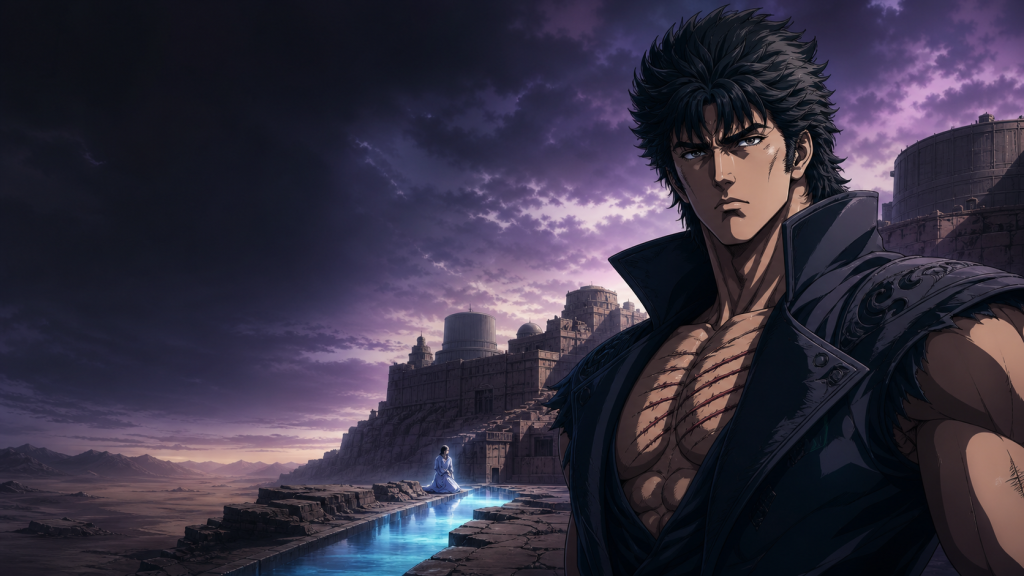 Modern Kenshiro fan art before Lastland and a guarded water channel for the New Fist of the North Star OVA guide