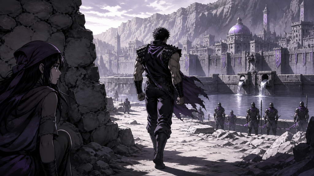 Kenshiro approaches Lastland and its guarded reservoir in modern fan art for New Fist OVA 1.