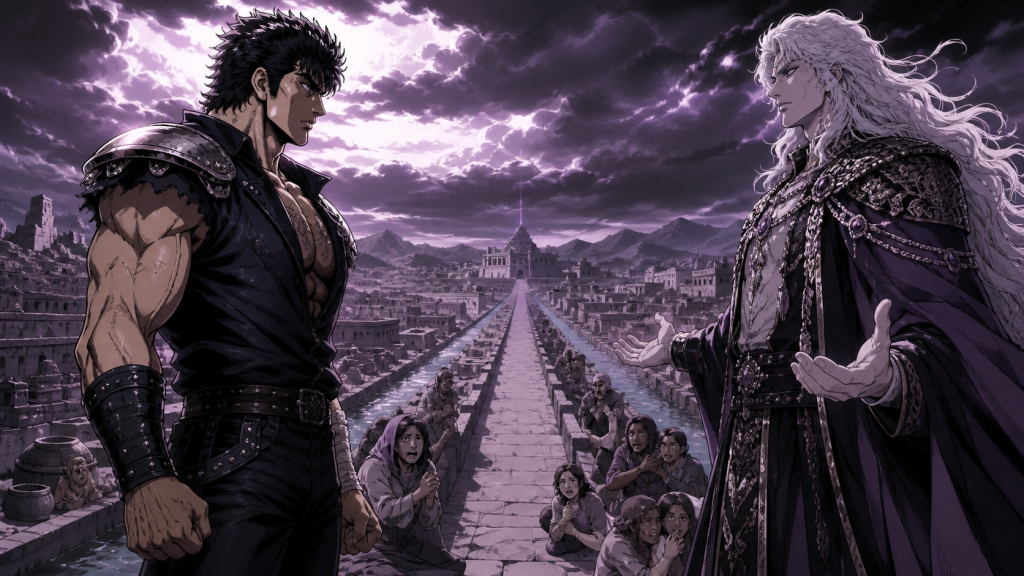 Kenshiro confronts a false savior above a drought-stricken city in modern fan art for New Fist OVA 2.