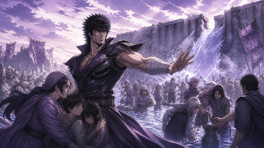 Kenshiro shields civilians as water returns to Lastland in modern fan art for New Fist OVA 3.