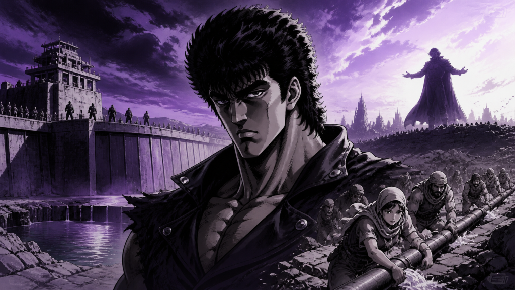 Kenshiro stands between water monopoly, false salvation, and communal reconstruction in modern fan art for the trilogy review.