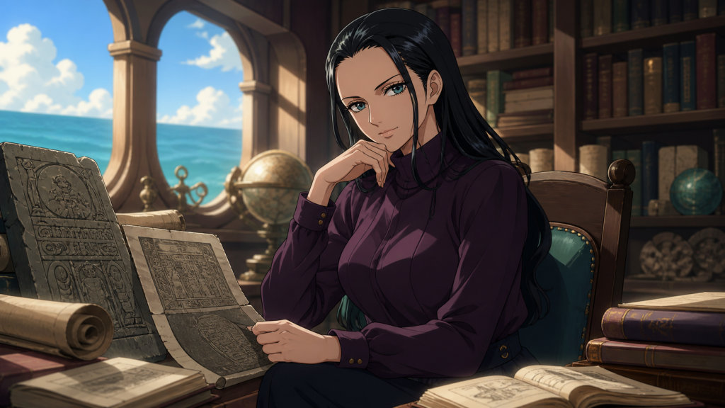 Nico Robin studies ancient stone rubbings and books in a ship library overlooking the sea