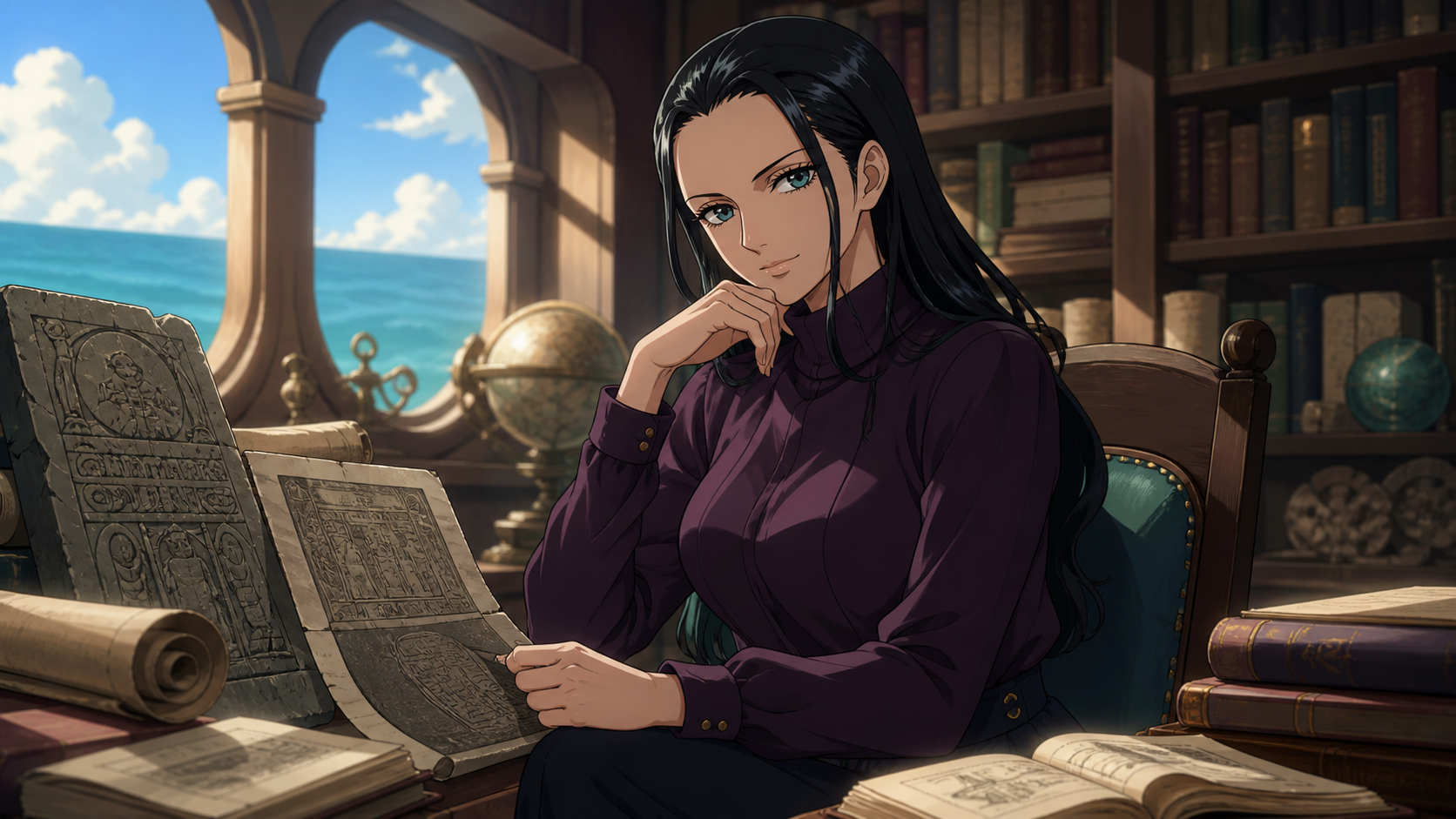 Nico Robin studies ancient stone rubbings and books in a ship library overlooking the sea