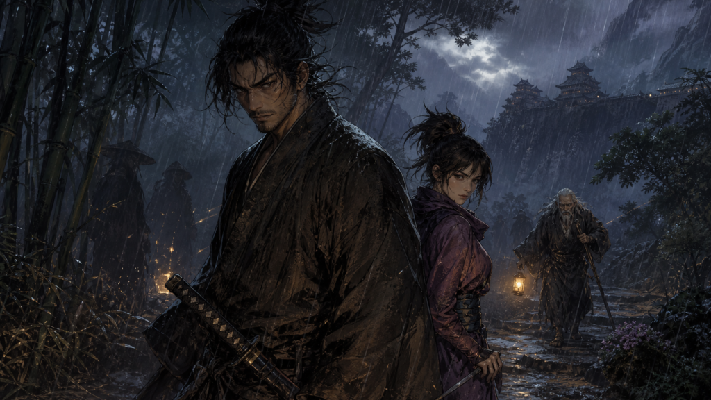 Original Ninja Scroll fan art of a wandering swordsman crossing a moonlit plague road