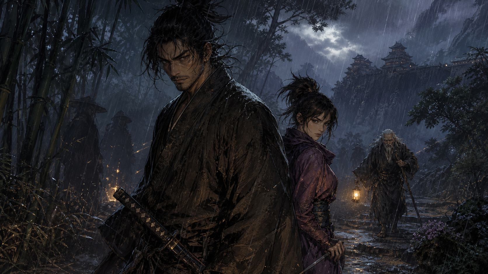 Original Ninja Scroll fan art of a wandering swordsman crossing a moonlit plague road