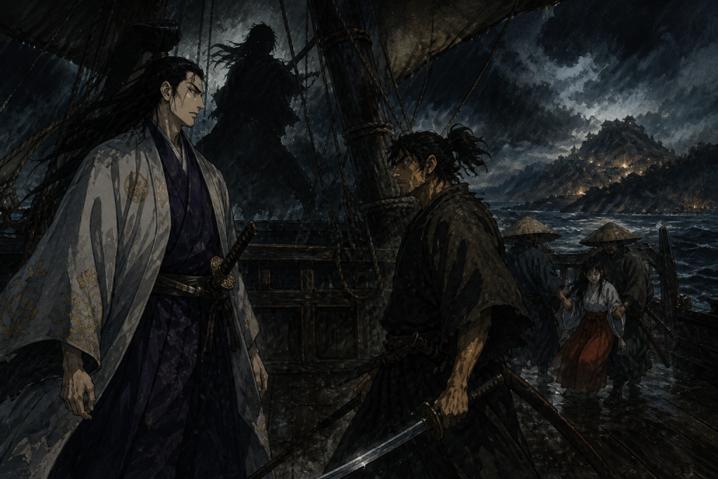 Original fan art of Jubei facing Yagyu Renya across a ruined courtyard
