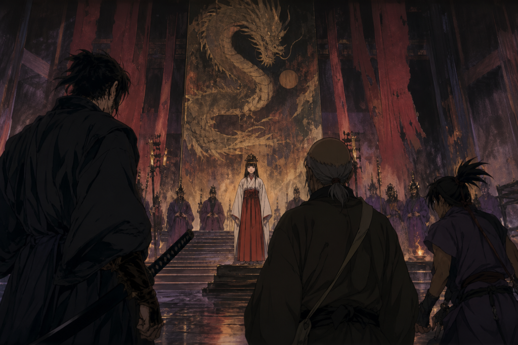 Original fan art of a ceremonial rescue curdling into dread in Dynasty Restoration