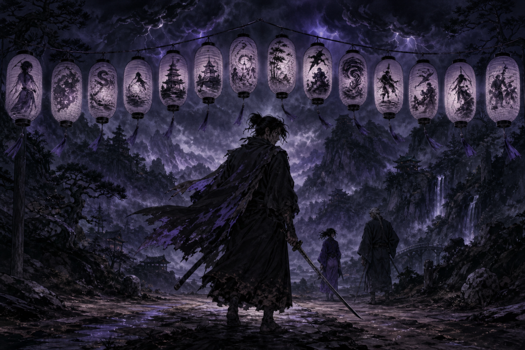 Original fan art for the Ninja Scroll series episode guide with thirteen lanterns