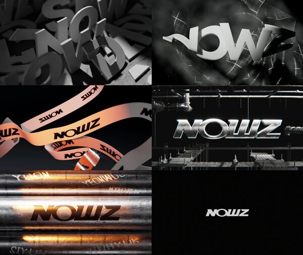 NOWZ official rebrand logo motion shown across six monochrome and copper frames