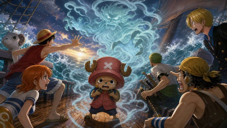 Chopper faces a supernatural sea spirit aboard the Going Merry with Luffy, Nami, Zoro, Usopp, and Sanji in original CVM Sekai fan art