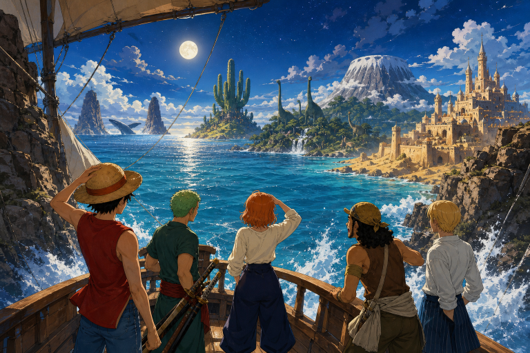 The five East Blue Straw Hat crewmates look from their ship toward a whale, cactus island, prehistoric jungle, snowy mountain, and desert kingdom across the Grand Line
