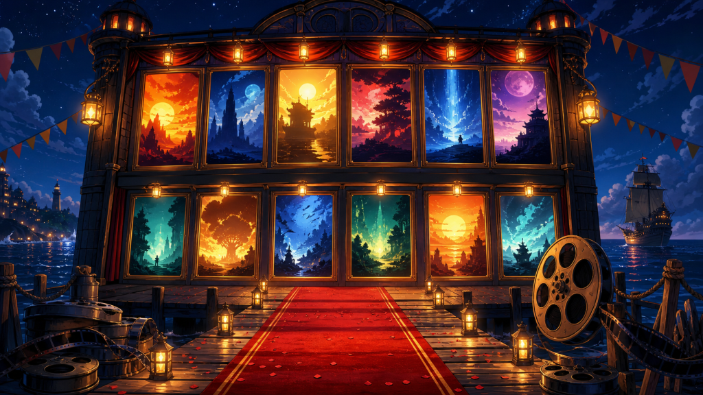 A seaside cinema displays twelve abstract adventure posters beside film reels and a dock
