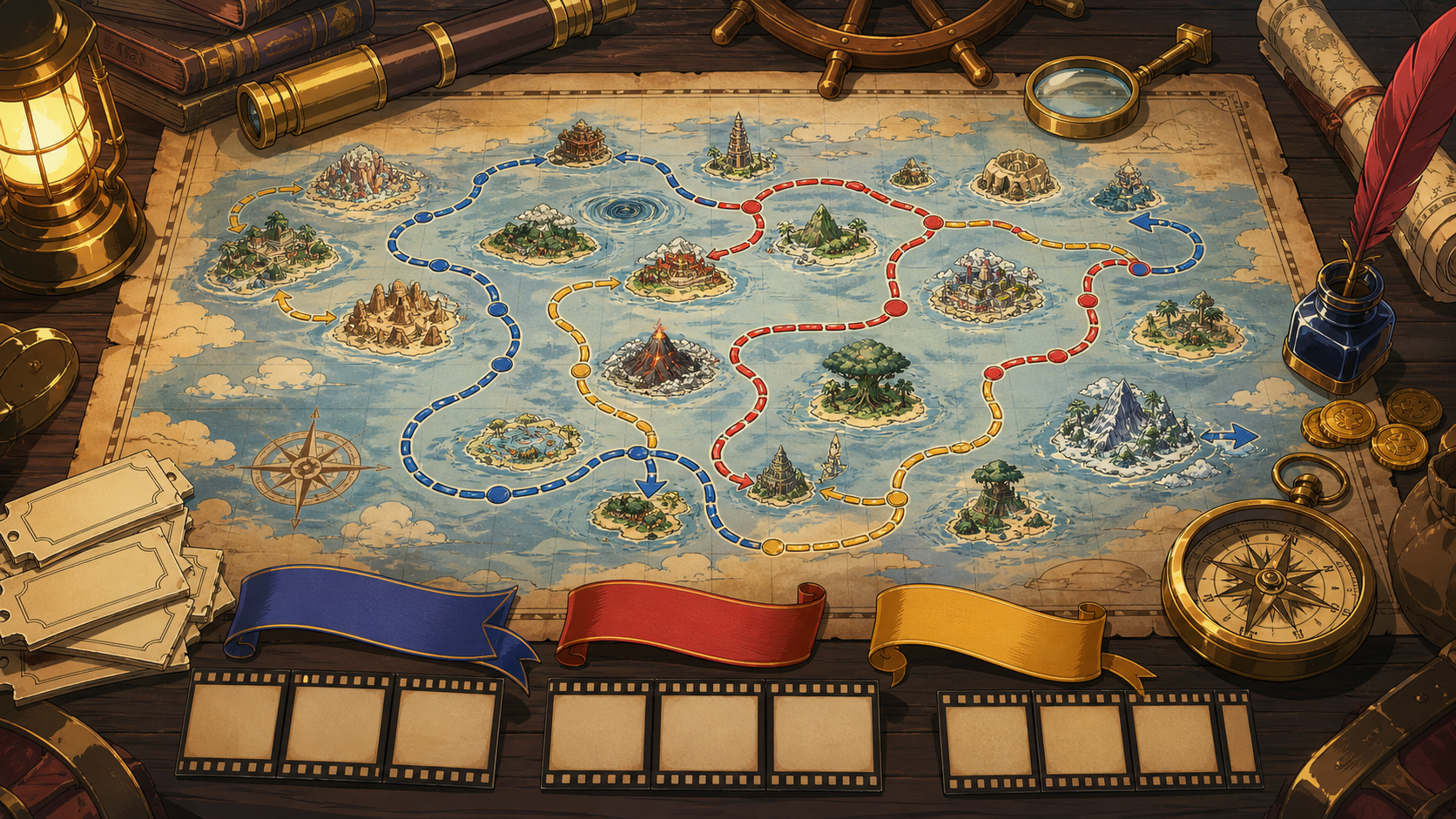 A nautical chart uses colored routes and blank film frames to organize television, movies, and specials
