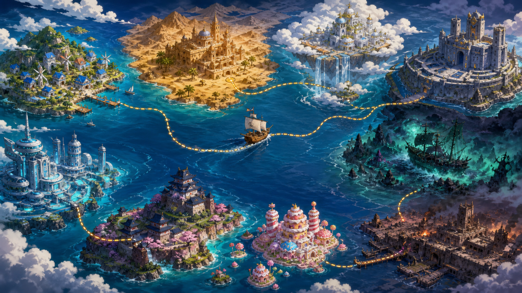 A continuous pirate voyage route crosses distinct One Piece island regions