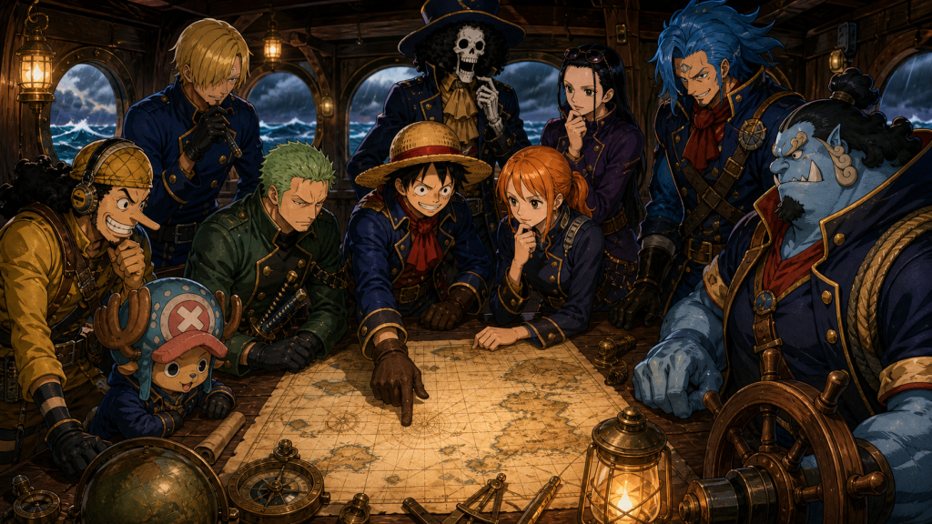 The Straw Hat crew studies a Grand Line navigation map together