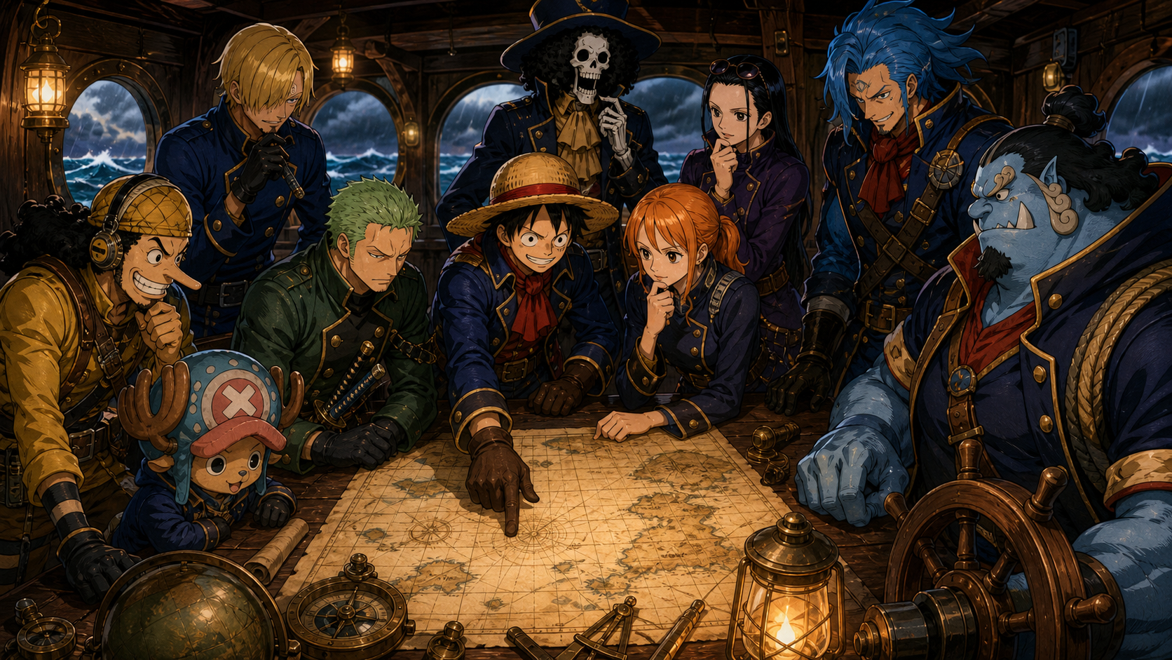 The Straw Hat crew studies a Grand Line navigation map together