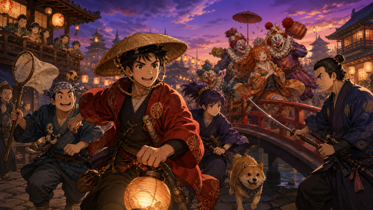 A cheerful constable leads an alternate-history harbor-town rescue from a clown-themed gang in original CVM Sekai fan art