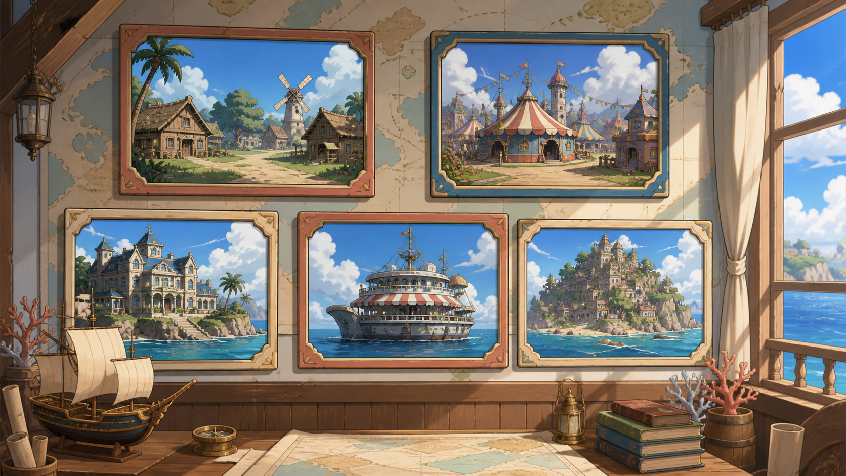 Five framed East Blue locations form an episode map inside a sunny archive room