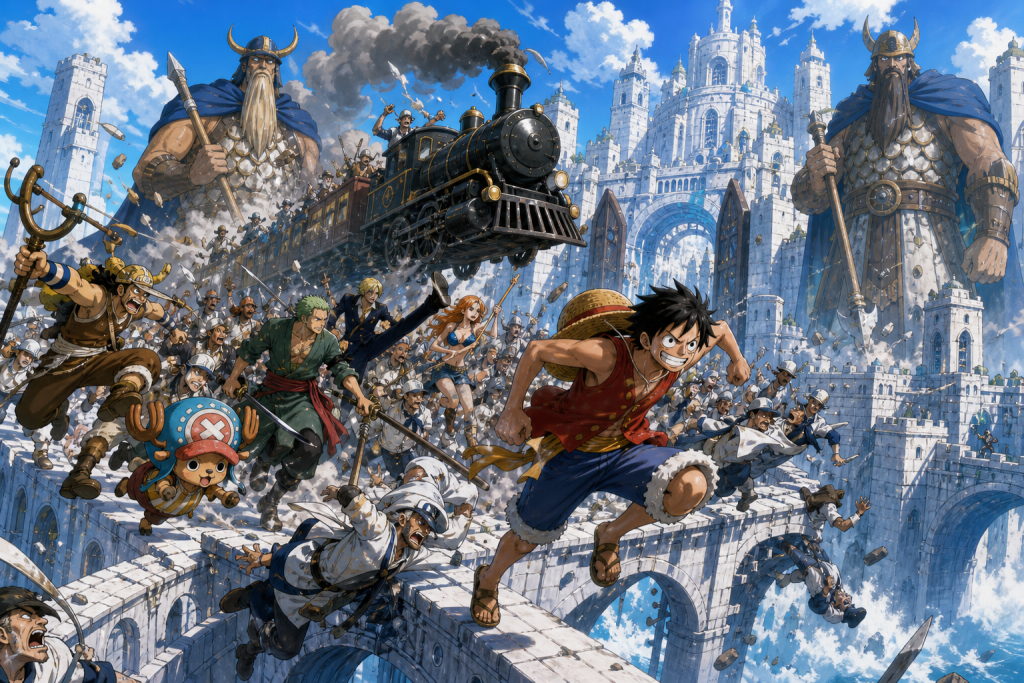 The Straw Hats and Water 7 rescue coalition breach Enies Lobby with Rocketman between two giant gatekeepers