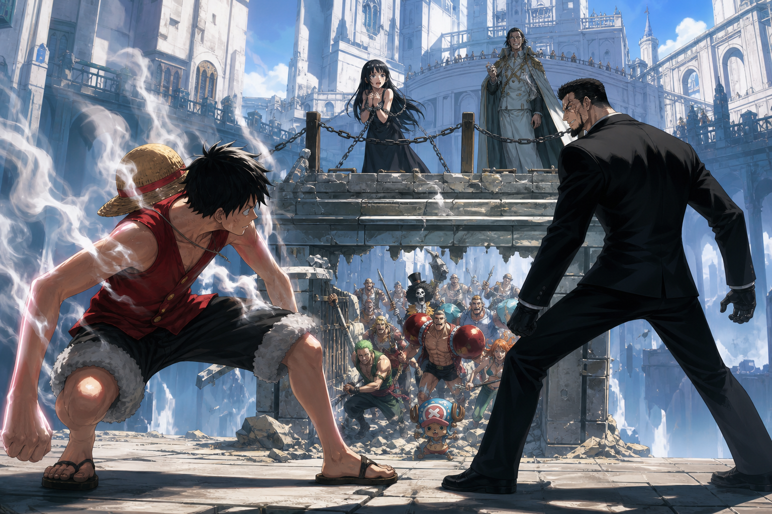 Luffy releases Gear Second steam before Blueno while Robin and the rescue coalition move through Enies Lobby