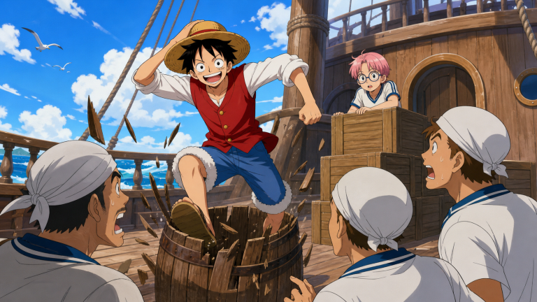 Luffy bursts from a barrel on Alvida’s ship while Koby and the crew react