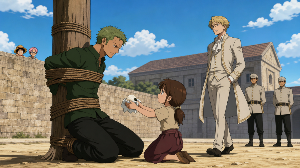 Zoro receives a rice ball from Rika while Helmeppo watches in the Marine courtyard