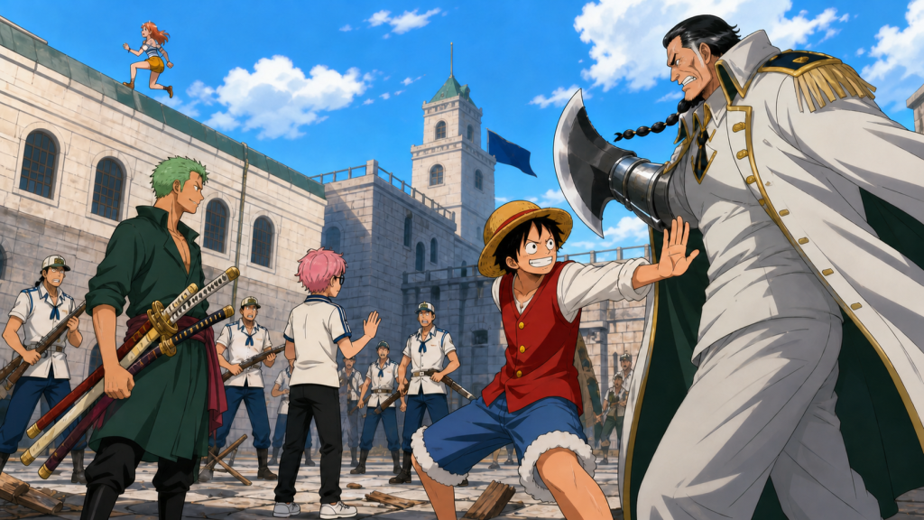 Luffy and Zoro confront Morgan as Koby and the Marines reconsider their orders