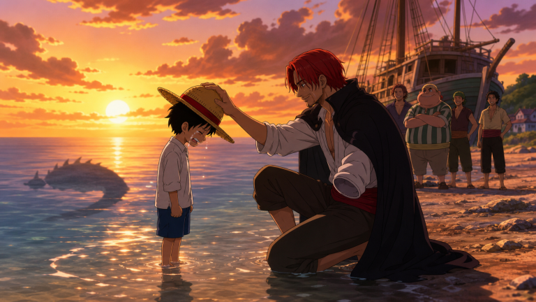 Shanks places his straw hat on young Luffy after rescuing him at the village shore