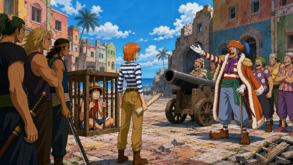 Nami faces Buggy and his cannon while Luffy waits inside a wooden cage in Orange Town