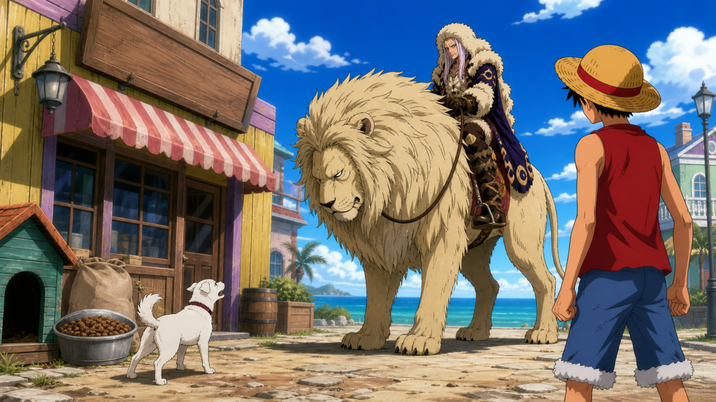 Chouchou guards the pet-food shop as Luffy confronts Mohji and the lion Richie in Orange Town
