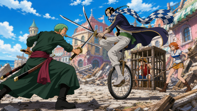 Zoro crosses blades with Cabaji on a unicycle amid the rubble of Orange Town