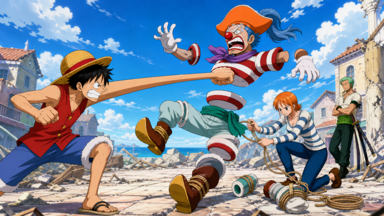 Luffy battles Buggy while Nami binds the pirate captain’s separated body parts in Orange Town