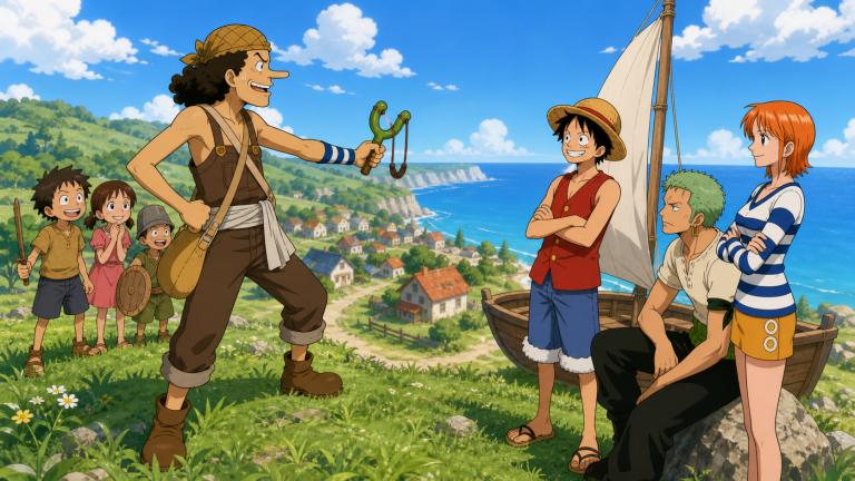 Usopp raises a slingshot beside his young crew while Luffy, Zoro, and Nami arrive above Syrup Village