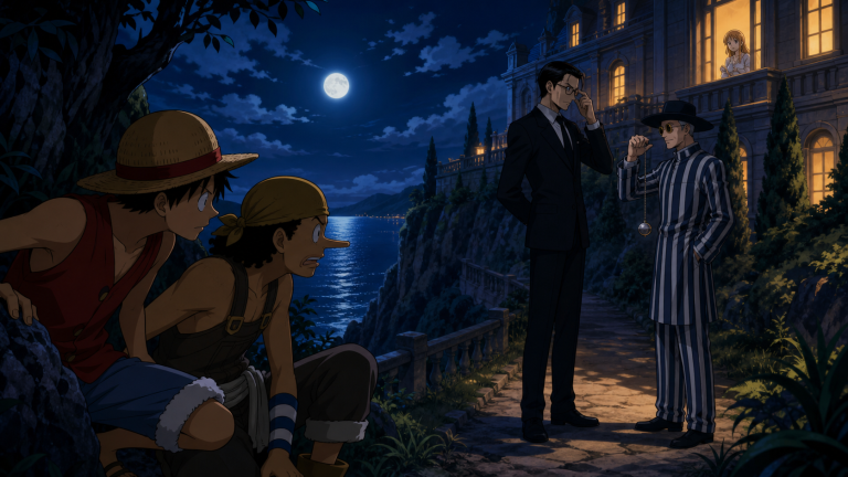 Luffy and Usopp overhear Klahadore and Jango plotting beneath Kaya’s mansion at night